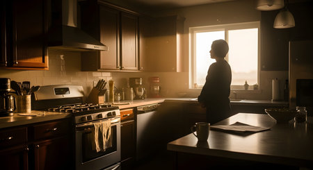 A woman stands in a modern kitchen, bathed in the warm, golden light of a setting sun coming through the window above the sink. The scene highlights domestic life and a moment of pause amidst kitchen appliances like the stove and coffee maker.の素材
