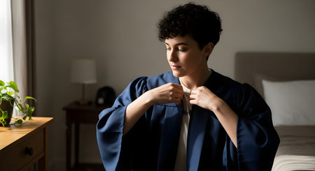A young student with short curly hair stands indoors, adjusting the collar of a blue graduation gown. The image captures a moment of preparation, pride, and transition before a commencement ceremony.の素材