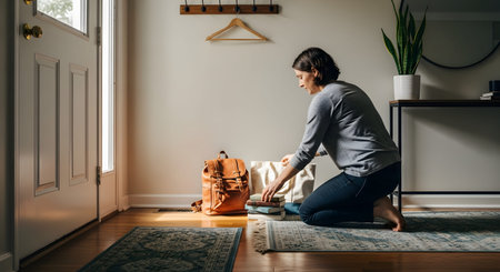 A woman kneels on a rug in a home entryway, carefully packing a stack of hardcover books into a canvas tote bag. A brown leather backpack sits nearby, suggesting preparation for a trip, school, or a visit to the library.の素材