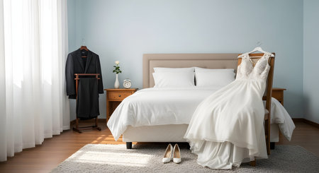 A white lace wedding dress and a black groom's suit are elegantly displayed in a clean, bright bedroom. The composition symbolizes the anticipation and preparation for a marriage ceremony.の素材