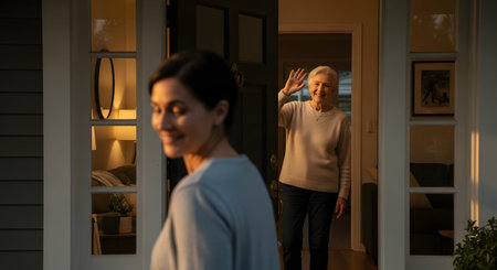 A smiling woman opens the front door of a home to welcome a senior woman who is waving happily. The scene captures a warm family visit or reunion in the evening light.の素材
