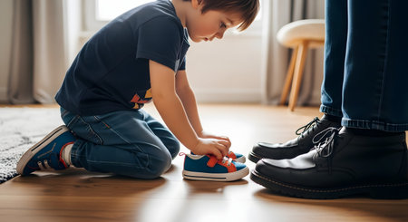 A young boy kneels on a wooden floor, handling a small blue sneaker next to an adult's large black dress shoes. The image captures a moment of growth, learning to dress, or the contrast between childhood and adulthood.の素材