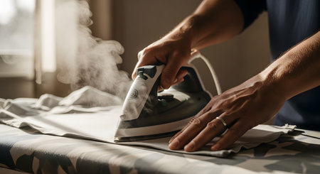 A close-up of a person's hands using a modern steam iron to press a grey shirt on an ironing board. Steam puffs out from the appliance, emphasizing the heat and the action of removing wrinkles during household chores.の素材