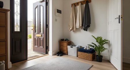 A bright and modern home entrance hallway with the front door open to the outside. The space features a coat rack, a plant, and storage baskets, symbolizing a welcoming atmosphere or the concept of leaving and arriving.の素材