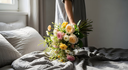 A hand holds a lush bouquet of yellow and pink roses over a bed with rumpled grey linens. The morning sunlight casts shadows, creating a romantic and fresh atmosphere in the bedroom.の素材