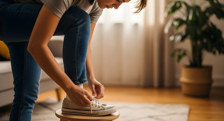 Close-up of a woman tying the laces of her beige canvas sneakers while getting ready at home. The image captures the everyday routine of putting on shoes before heading out.の素材