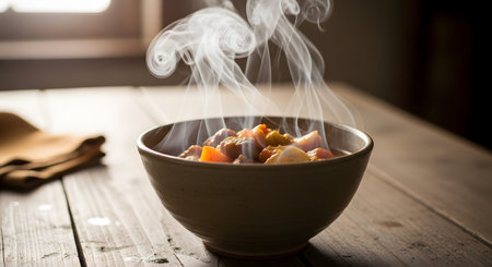 A steaming bowl of hot stew containing meat and vegetables sits on a rustic wooden table. The rising steam and warm lighting evoke feelings of comfort, home-cooked meals, and winter nutrition.の素材