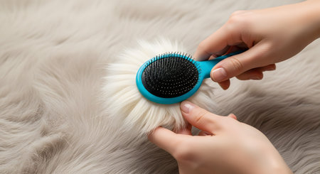 Close-up of hands removing a thick clump of white fur from a blue grooming brush. The background features soft fur texture, highlighting the routine task of pet grooming and shedding management.の素材