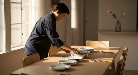A woman stands by a wooden dining table, carefully arranging white plates and cutlery in a sunlit room. The image depicts the domestic activity of setting the table for a family meal or gathering.の素材