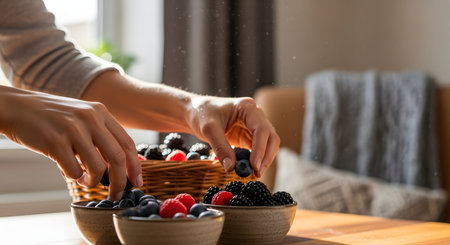 Close-up of hands picking fresh blueberries and blackberries from ceramic bowls on a wooden table. The sunlit scene emphasizes healthy eating, fresh ingredients, and the vibrant colors of the fruit.の素材