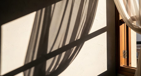 Abstract interplay of sunlight and shadows cast by a window and sheer curtains onto a textured white wall. The scene captures harsh, defined lines and organic curves, creating a minimalist and artistic aesthetic.の素材