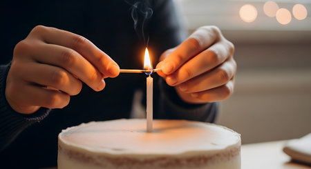Close-up of hands striking a match to light a single candle on a simple white frosted birthday cake. The image captures a moment of celebration, anticipation, and making a wish before a party.の素材
