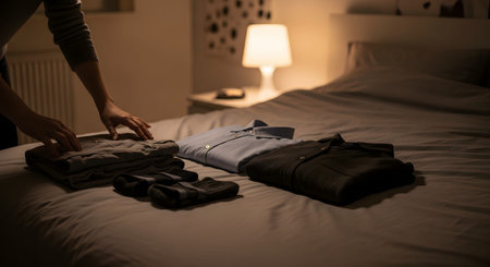 Hands lay out a set of clothes, including a shirt, pants, and socks, on a bed under warm lamp light. The image depicts planning an outfit for the next day, packing for a trip, or nightly preparation.の素材