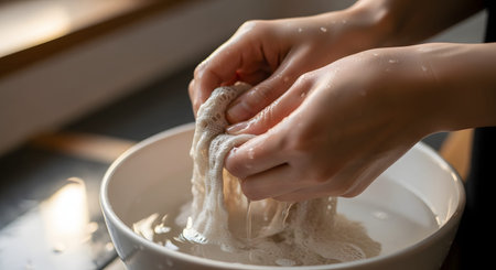 A pair of hands gently washes a piece of white delicate lace fabric in a white bowl of water. The image conveys concepts of hand washing laundry, clothing care, and hygiene for sensitive materials.の素材