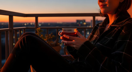 A woman relaxing on a balcony, holding a glass cup of tea while gazing at a city sunset. The warm golden light illuminates her profile, creating a peaceful and cozy atmosphere for enjoying the evening view.の素材