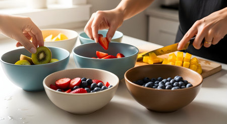 Hands preparing healthy fruit salad bowls, placing kiwi slices and strawberries into colorful bowls while cutting mango on a board. The scene features fresh blueberries and a bright kitchen environment.の素材