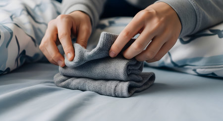 A close-up view shows a person's hands carefully folding a pair of grey socks on a light blue bed sheet. The image highlights domestic chores, laundry organization, and the tidy maintenance of a wardrobe in a bedroom setting.の素材