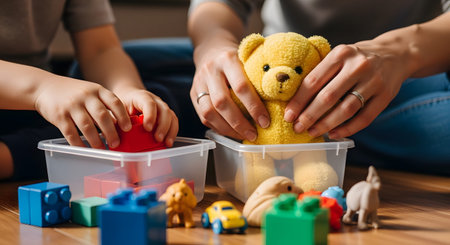 Hands of a parent and child organizing toys, placing a yellow teddy bear and colorful blocks into clear plastic storage bins. The scene promotes teaching responsibility and keeping the play area tidy.の素材