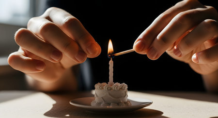 A close-up of hands using a match to light a single candle on a tiny, white miniature birthday cake. The image conveys a sense of whimsy, celebration, and intimate special moments.の素材