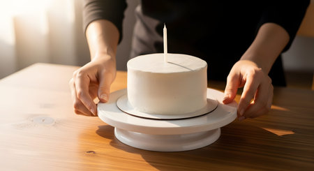 Hands carefully placing a minimalist white frosted cake with a single candle onto a rotating cake stand. The scene captures the final touches of cake decoration or preparation for a birthday.の素材