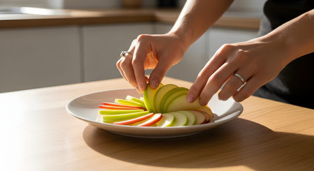 A person's hands arrange thin slices of red and green apples into a decorative fan shape on a white plate. The focus is on precision food styling and the presentation of healthy, fresh ingredients.の素材
