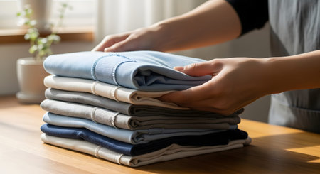 Close-up of hands neatly stacking folded blue and grey garments on a wooden surface. The image focuses on orderliness, fabric care, and the satisfaction of finishing laundry.の素材