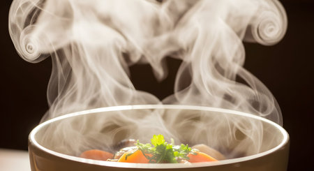 A bowl of hot soup containing carrots and herbs releases artistic swirls of white steam against a dark background. The image emphasizes the warmth, freshness, and appetizing nature of a freshly cooked meal.の素材