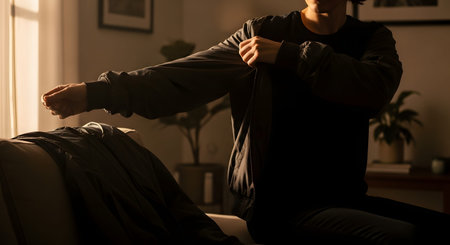 A person sitting on a sofa putting on a dark jacket in a dimly lit living room. The scene suggests getting ready to go out in the evening or preparing for cooler weather.の素材