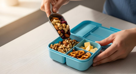 A person's hands use a metal scoop to fill a section of a blue divided lunch box with mixed nuts. The bento box also contains pretzels and cheese cubes, illustrating healthy meal prepping and portion control.の素材