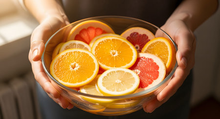 Close-up of hands holding a clear glass bowl filled with fresh slices of oranges, lemons, and grapefruits. The vibrant citrus fruits emphasize themes of healthy eating, vitamin C, nutrition, and fresh ingredients.の素材