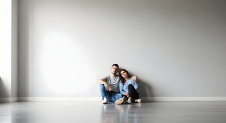 A thoughtful young couple sits side-by-side on the floor of an empty room with grey walls. They look contemplative, representing the emotions associated with moving into a new home, planning renovations, or starting a life together.の素材