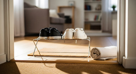 A low-angle shot of a simple wire shoe rack in a hallway, holding a pair of black and white sneakers. A rolled towel sits on the floor nearby, and the background shows a blurred living space, depicting a tidy and functional home entrance.の素材