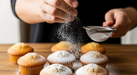A baker's hands use a fine mesh sieve to generously dust powdered sugar over a batch of freshly baked golden muffins. The falling sugar creates a snowy effect against the dark background, emphasizing the finishing touches of baking.の素材