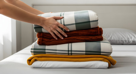 Hands carefully placing a folded green and white plaid blanket onto a stack of cozy blankets on a bed. The image evokes a sense of home organization, comfort, and preparing for colder weather.の素材