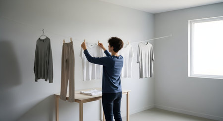 A woman stands in a minimalist white room, hanging white and grey t-shirts and trousers on an indoor clothesline. The scene highlights eco-friendly drying methods, minimalism, and simple domestic chores.の素材