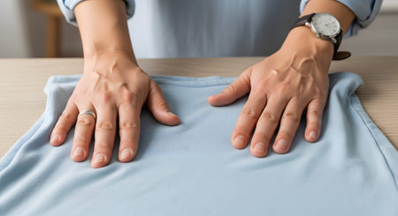 A pair of hands smooths out a light blue t-shirt on a wooden surface, preparing it for folding or packing. The image conveys neatness, clothing care, and the routine of handling laundry.の素材