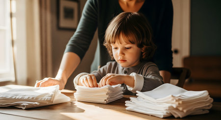 A young child concentrates on folding white cloth napkins at a wooden dining table, with his mother standing nearby to supervise and help. The scene illustrates teaching children household chores and family cooperation in a domestic setting.の素材