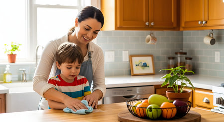 A smiling mother and her young son clean a wooden kitchen counter together with blue cloths. The image captures a moment of teaching household chores, teamwork, and maintaining a clean home environment.の素材