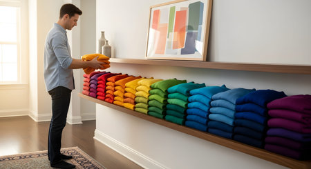 A man neatly stacks a yellow sweater onto a long shelf filled with color-coordinated folded clothes. The rainbow gradient arrangement of sweaters demonstrates meticulous organization, retail display, or wardrobe management.の素材