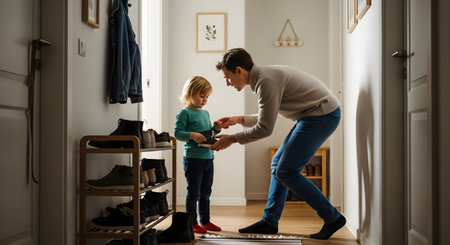 A father bends down to help his young son put on his shoes in the hallway of their home. The warm, sunlit scene depicts parental care, getting ready to leave the house, and a moment of family bonding.の素材
