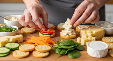 A person's hands assemble healthy appetizers on a wooden board, placing red pepper and cheese on crackers. The scene features fresh ingredients like spinach, cucumber, and carrots for a nutritious snack.の素材