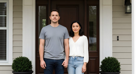 A young couple stands hand-in-hand in front of the dark wood front door of a house, looking directly at the camera. The image represents home ownership, real estate, and the beginning of a shared life in a new residence.の素材