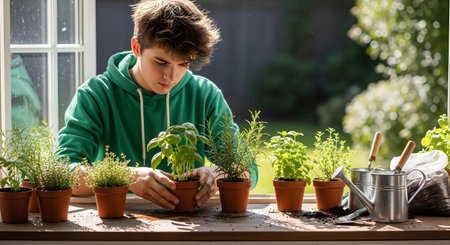 A teenage boy in a green hoodie cares for a collection of potted herb plants on a sunny window sill. The image highlights an interest in indoor gardening, nature, and cultivating fresh ingredients at home.の素材