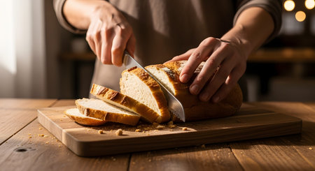 A close-up of a person's hands slicing a fresh loaf of crusty bread with a knife on a wooden cutting board. The warm lighting highlights the texture of the bread and the domestic culinary activity.の素材