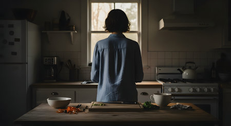 The rear view of a woman standing at a kitchen counter, chopping fresh vegetables on a wooden board. The scene is set in a home kitchen with natural light coming through the window, depicting a daily routine of healthy meal preparation.の素材