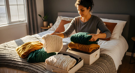 A woman organizes her winter wardrobe by folding thick knit sweaters and placing them into fabric storage boxes on a bed. The sunny bedroom setting highlights domestic organization and seasonal preparation.の素材