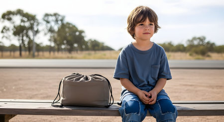 A cute little boy sits quietly on a wooden bench outdoors next to a beige drawstring bag. He looks off into the distance, suggesting he is waiting for a ride or taking a rest stop during a journey.の素材