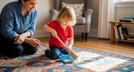 A cute toddler learns to clean up by sweeping crumbs into a small blue dustpan while his mother encourages him from the side.の素材