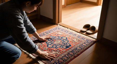 A woman kneels at the entryway of a home, carefully smoothing out a small patterned rug. Sunlight streams across the wooden floor where a pair of slippers sits nearby, creating a welcoming and tidy atmosphere.の素材
