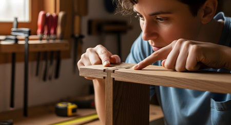 A close-up of a carpenter or woodworker closely inspecting the precision of a wooden joint on a piece of furniture. The image captures the focus, skill, and attention to detail involved in artisanal woodworking.の素材